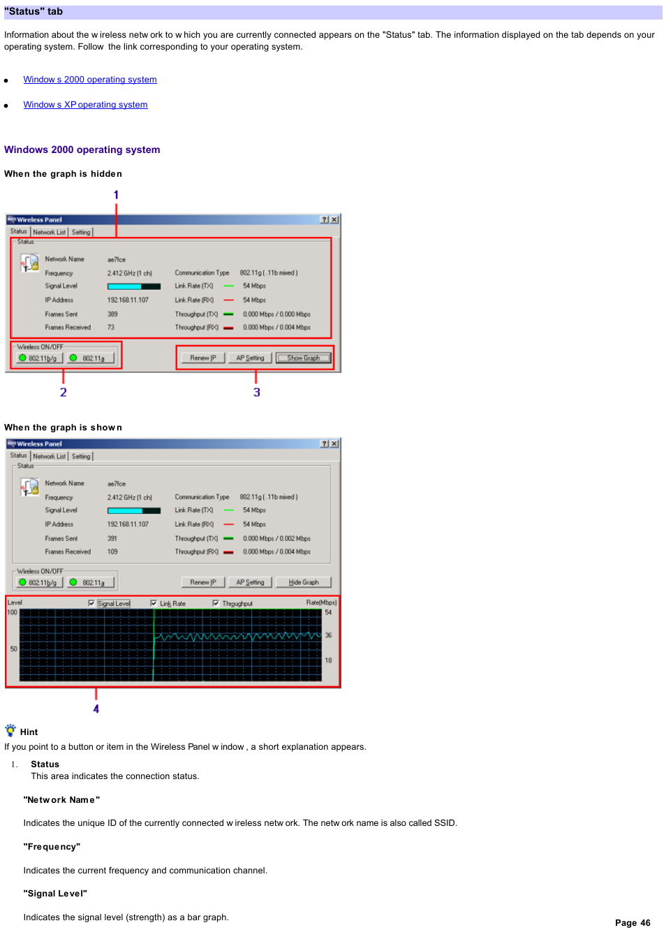 Status" tab, Are if you are using, Button | For details, see | Sony PCWA-C800S User Manual | Page 46 / 81