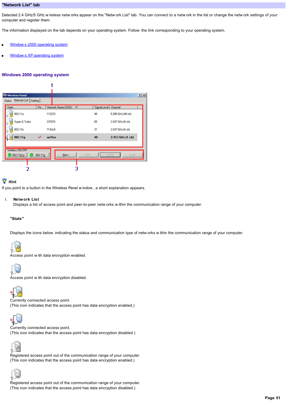 Network list" tab, Netw ork list" tab | Sony PCWA-C800S User Manual | Page 51 / 81