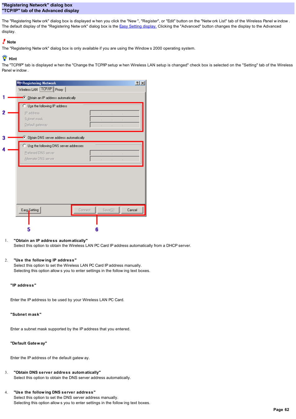 Tcp/ip" tab of the advanced display, Advanced display "tcp/ip" tab, Tcp/ip" tab | Sony PCWA-C800S User Manual | Page 62 / 81