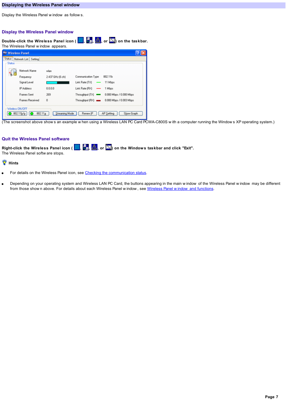 Displaying the wireless panel window, Displaying the wireless panel w indow | Sony PCWA-C800S User Manual | Page 7 / 81