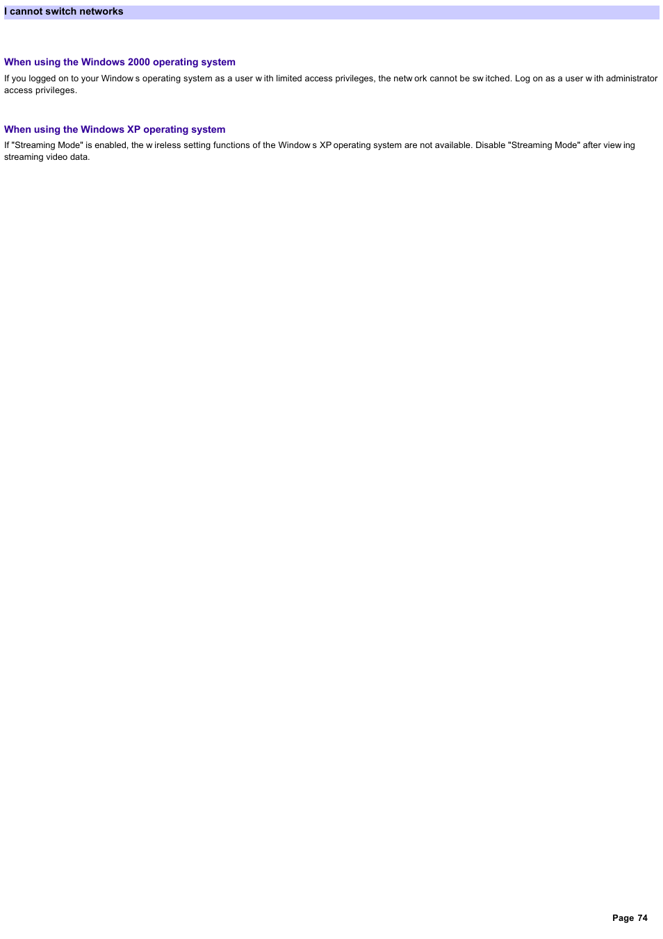 I cannot switch networks, I cannot sw itch netw orks | Sony PCWA-C800S User Manual | Page 74 / 81