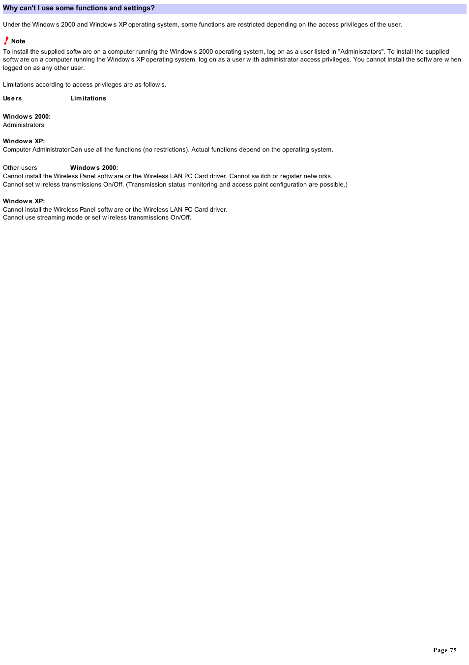 Why can't i use some functions and settings | Sony PCWA-C800S User Manual | Page 75 / 81