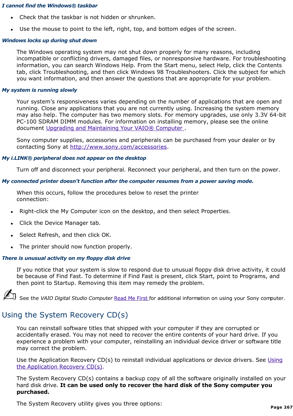 Using the system recovery cd(s) | Sony PCV-R549DS User Manual | Page 267 / 514
