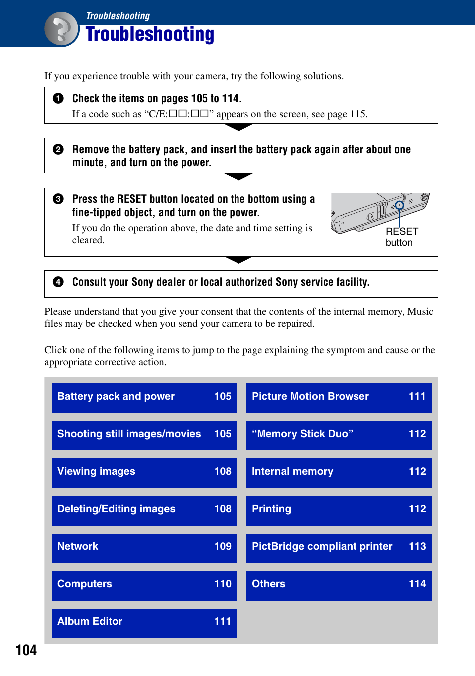 Troubleshooting | Sony DSC-G1 User Manual | Page 104 / 125