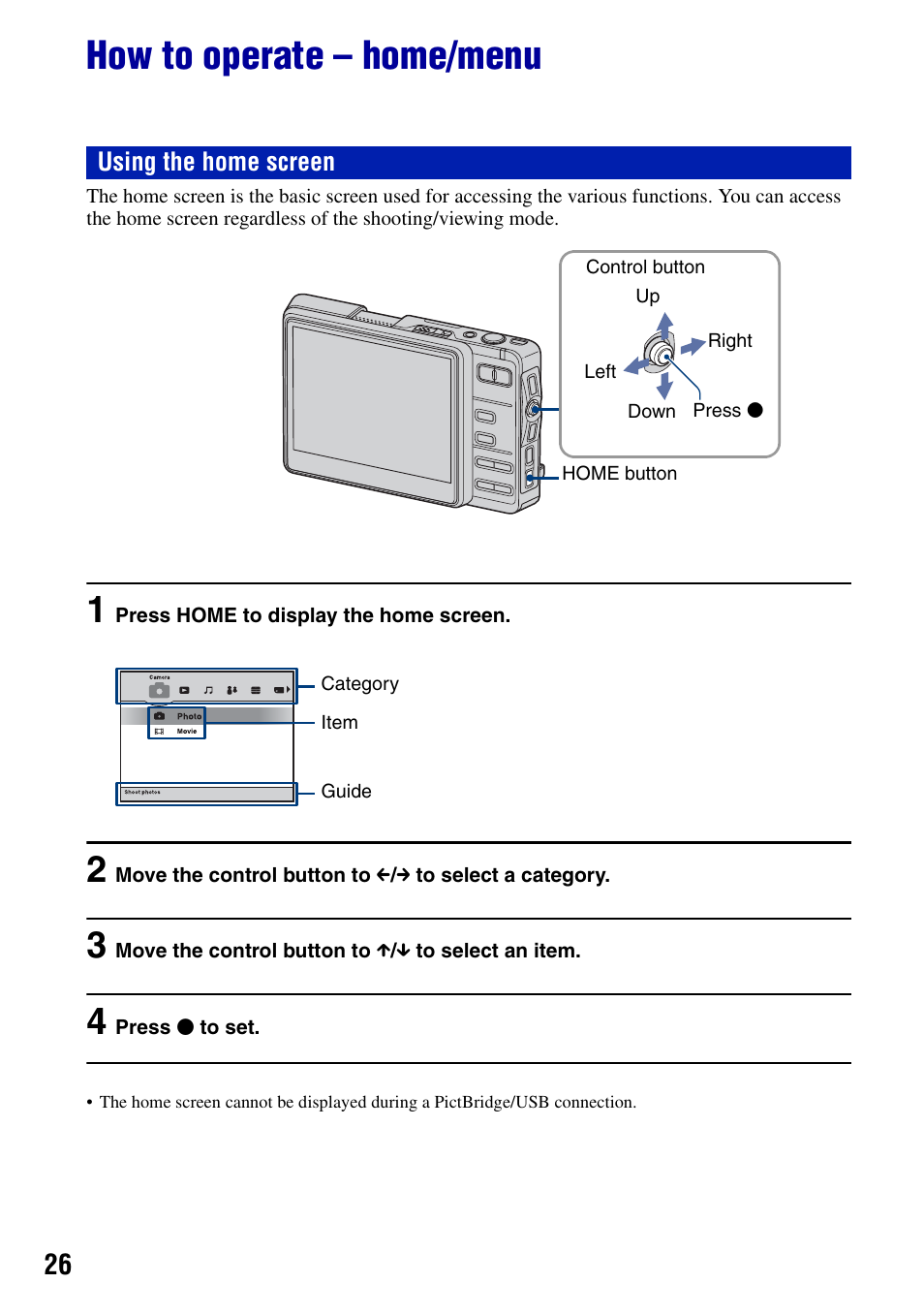 How to operate - home/menu, How to operate – home/menu | Sony DSC-G1 User Manual | Page 26 / 125
