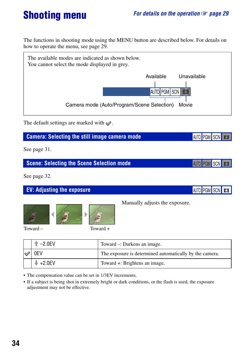 Shooting menu, Camera: selecting the still image camera mode, Scene: selecting the scene selection mode | Ev: adjusting the exposure | Sony DSC-G1 User Manual | Page 34 / 125