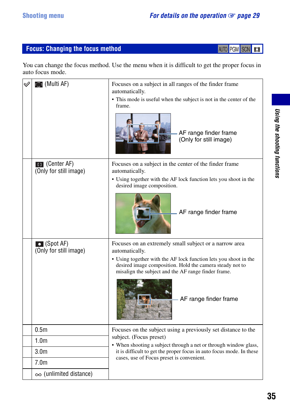 Focus: changing the focus method | Sony DSC-G1 User Manual | Page 35 / 125