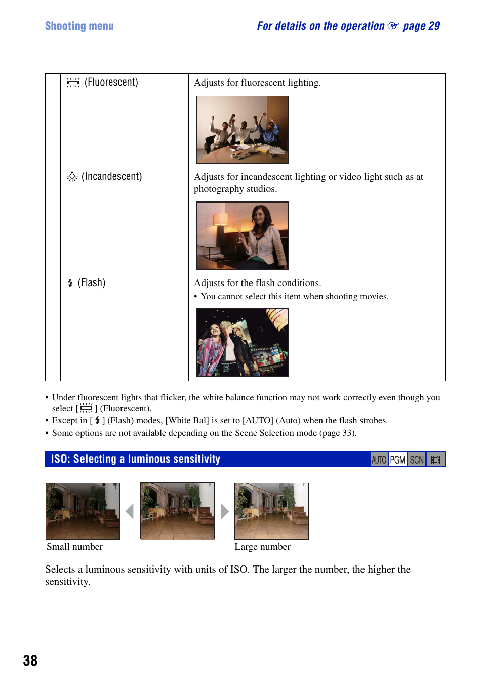 Iso: selecting a luminous sensitivity | Sony DSC-G1 User Manual | Page 38 / 125