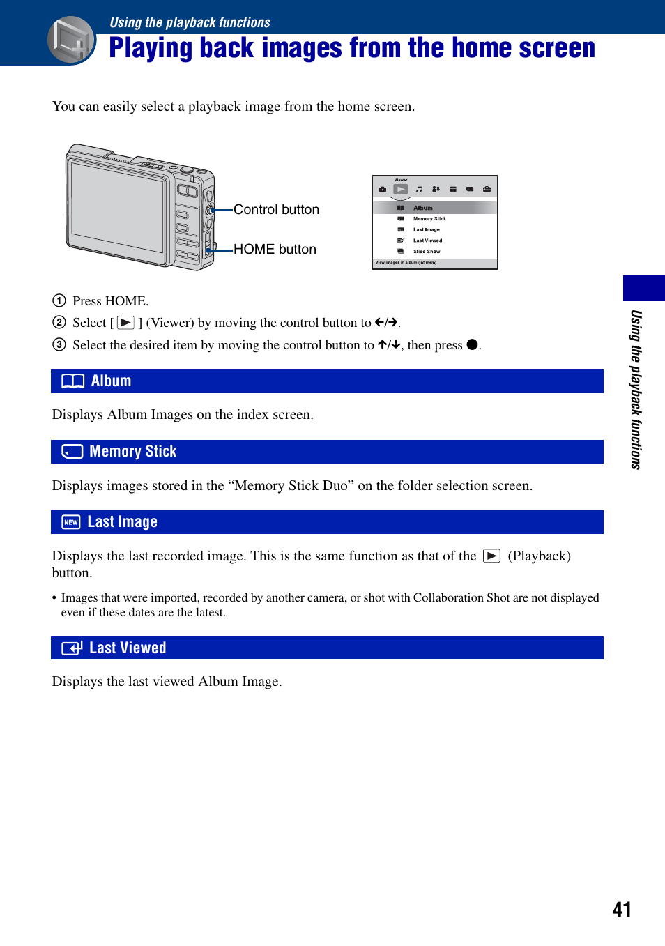 Using the playback functions, Playing back images from the home screen | Sony DSC-G1 User Manual | Page 41 / 125