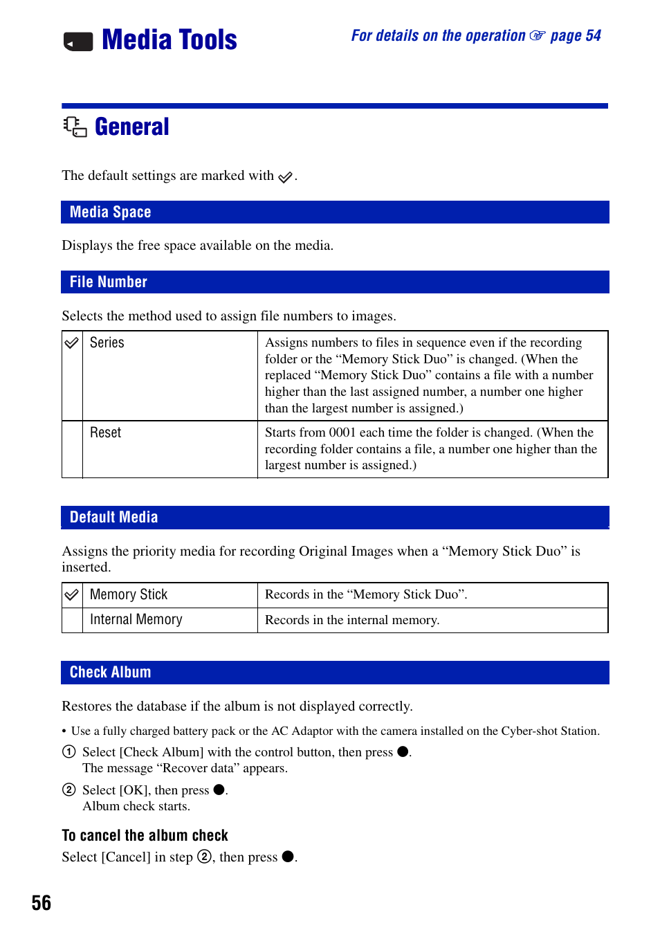 Media tools, General, Media space | File number, Default media, Check album, Media space file number, Default media check album | Sony DSC-G1 User Manual | Page 56 / 125