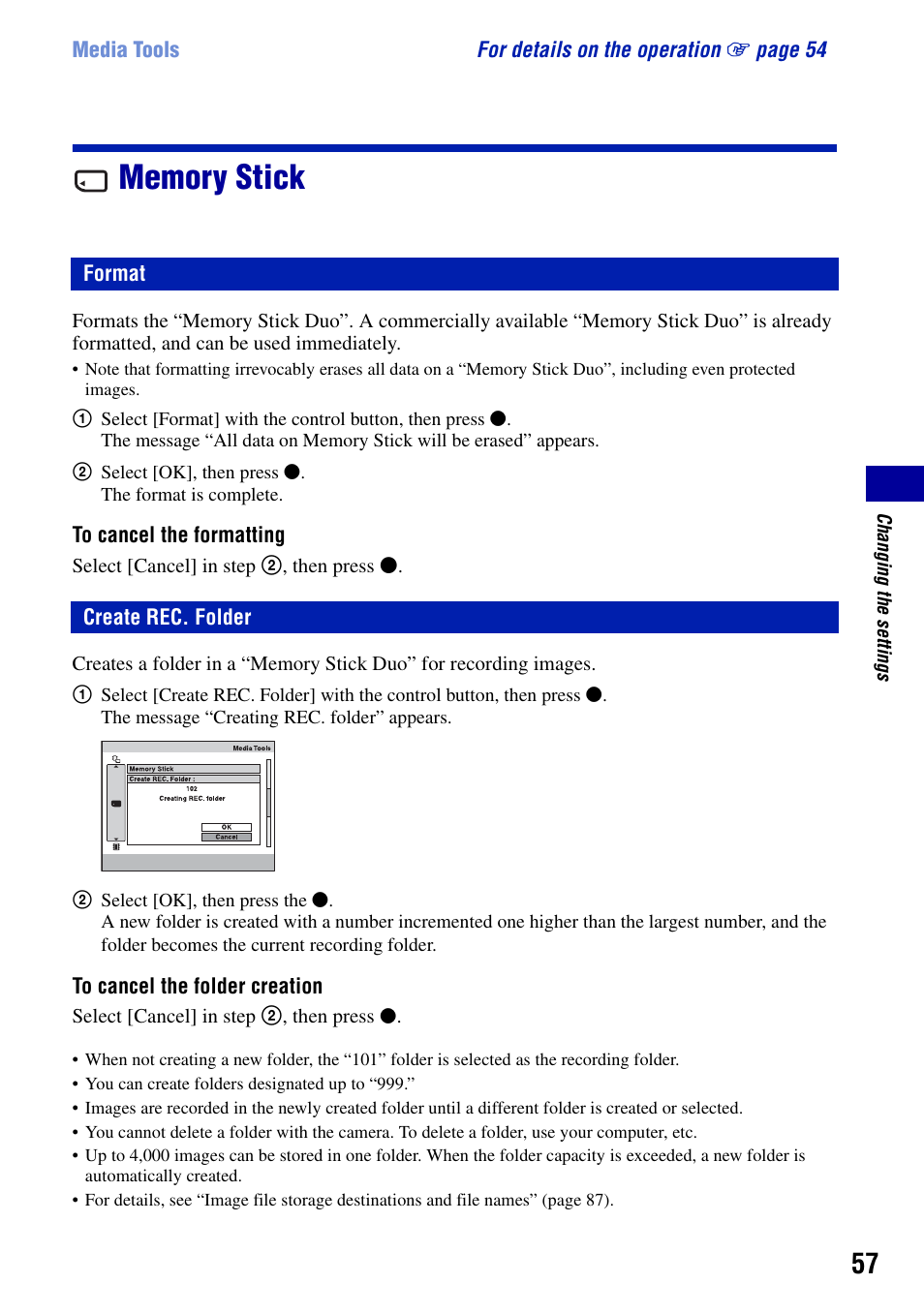 Memory stick, Format, Create rec. folder | Format create rec. folder | Sony DSC-G1 User Manual | Page 57 / 125