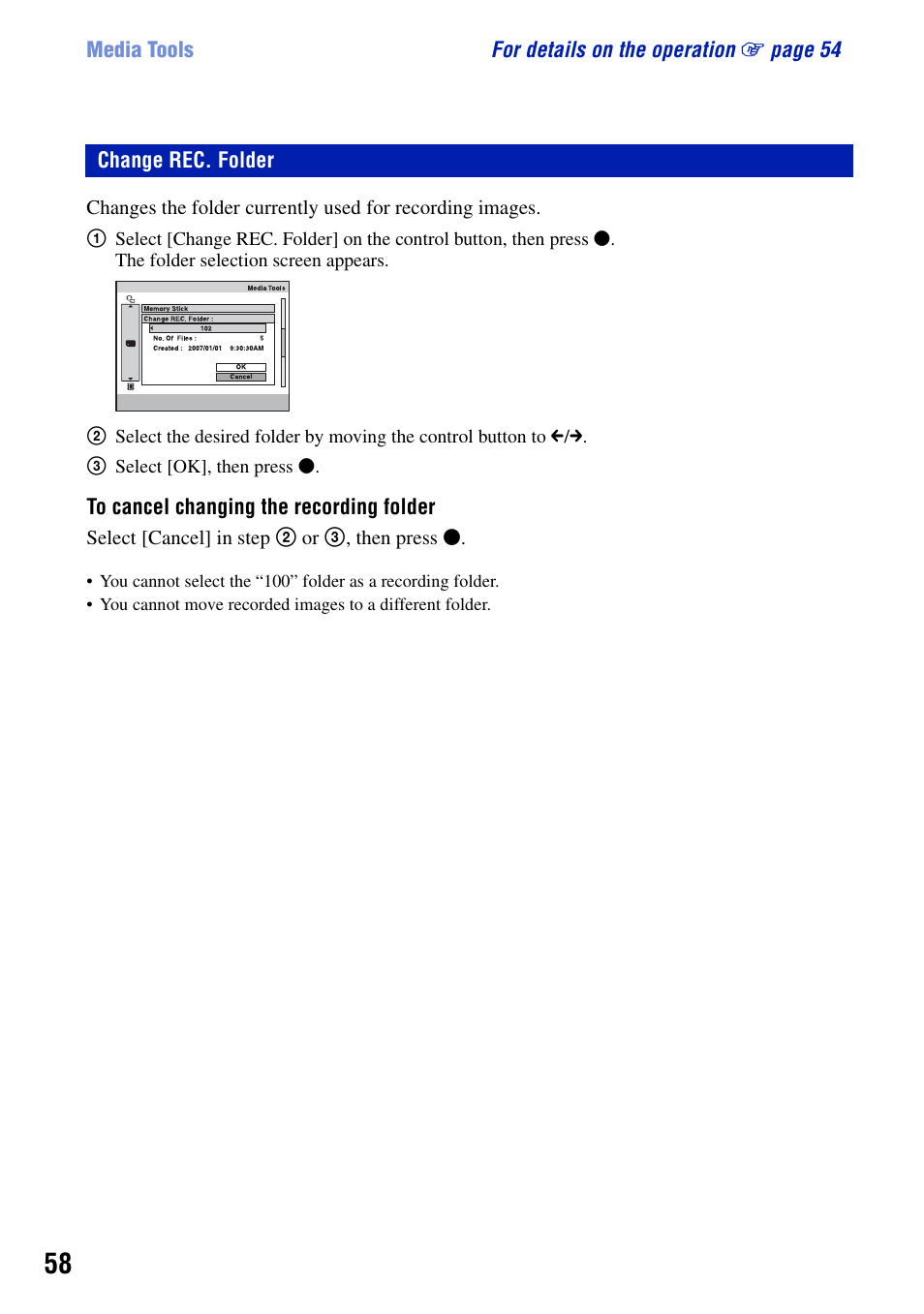 Change rec. folder | Sony DSC-G1 User Manual | Page 58 / 125