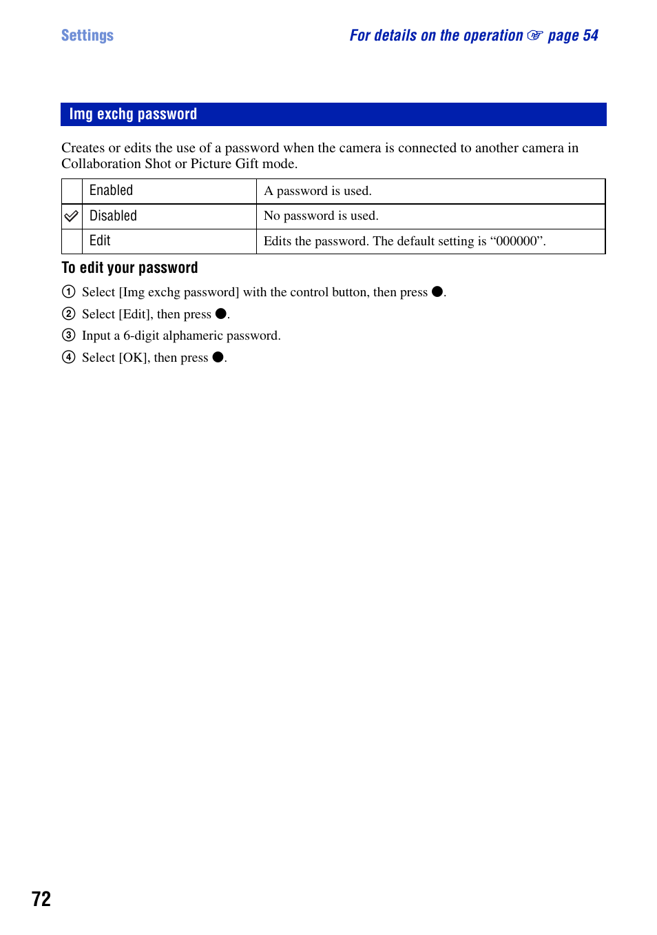 Img exchg password | Sony DSC-G1 User Manual | Page 72 / 125