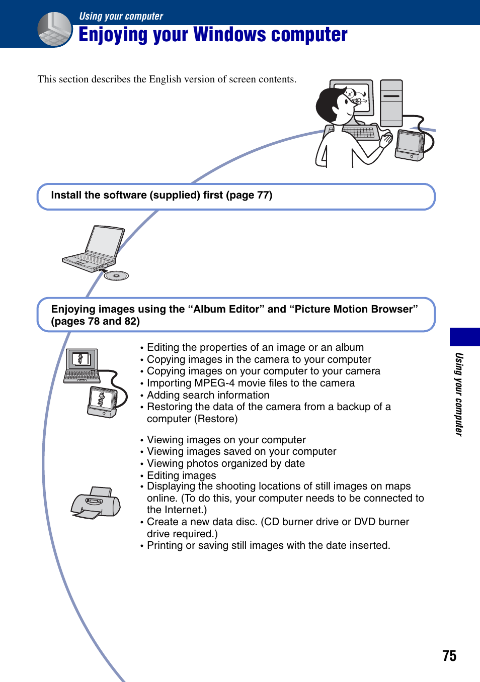 Using your computer, Enjoying your windows computer | Sony DSC-G1 User Manual | Page 75 / 125