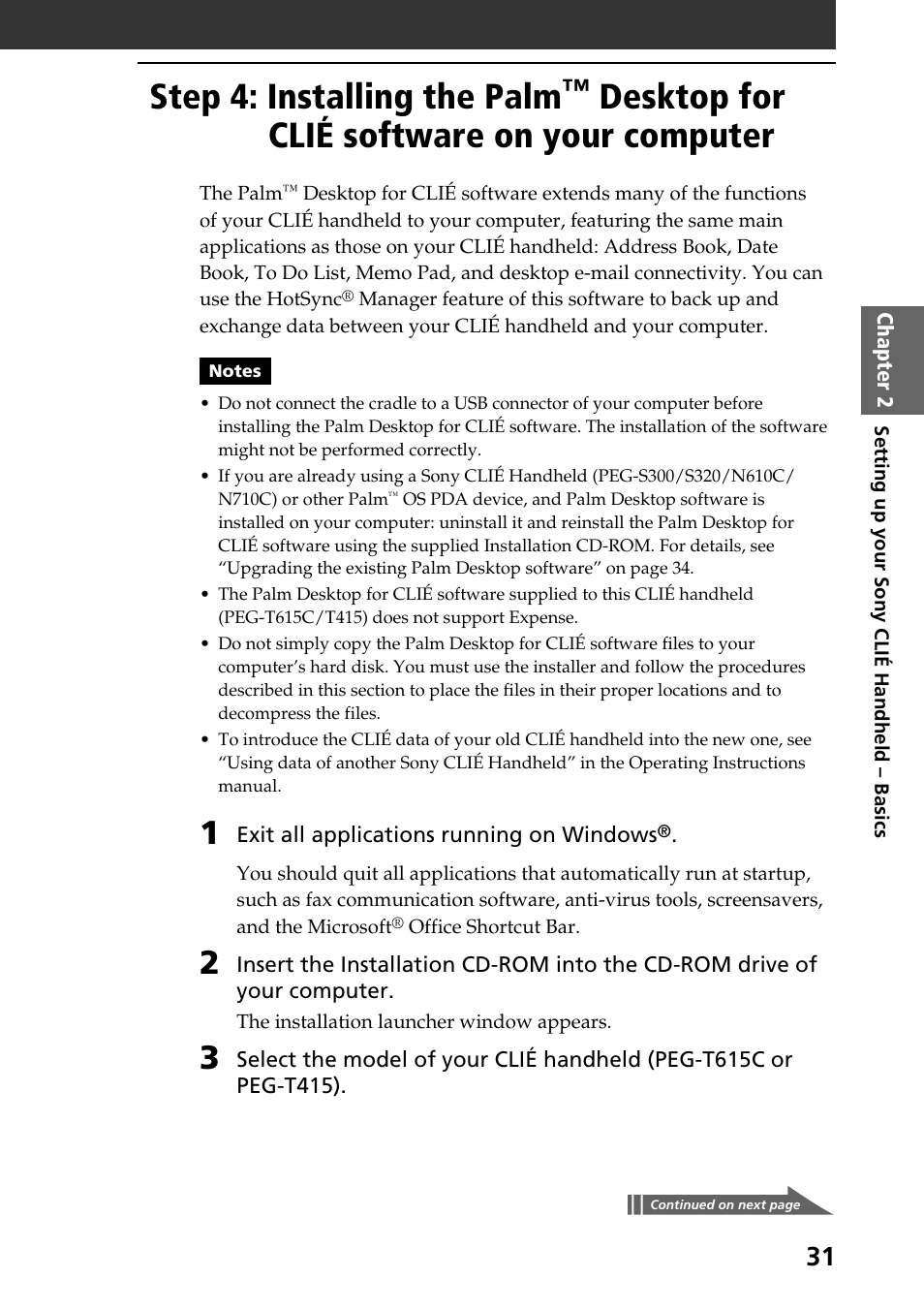 Step 4: installing the palm, Desktop, For clié software on your computer | Desktop for clié software on your computer | Sony PEG-T415 User Manual | Page 31 / 64