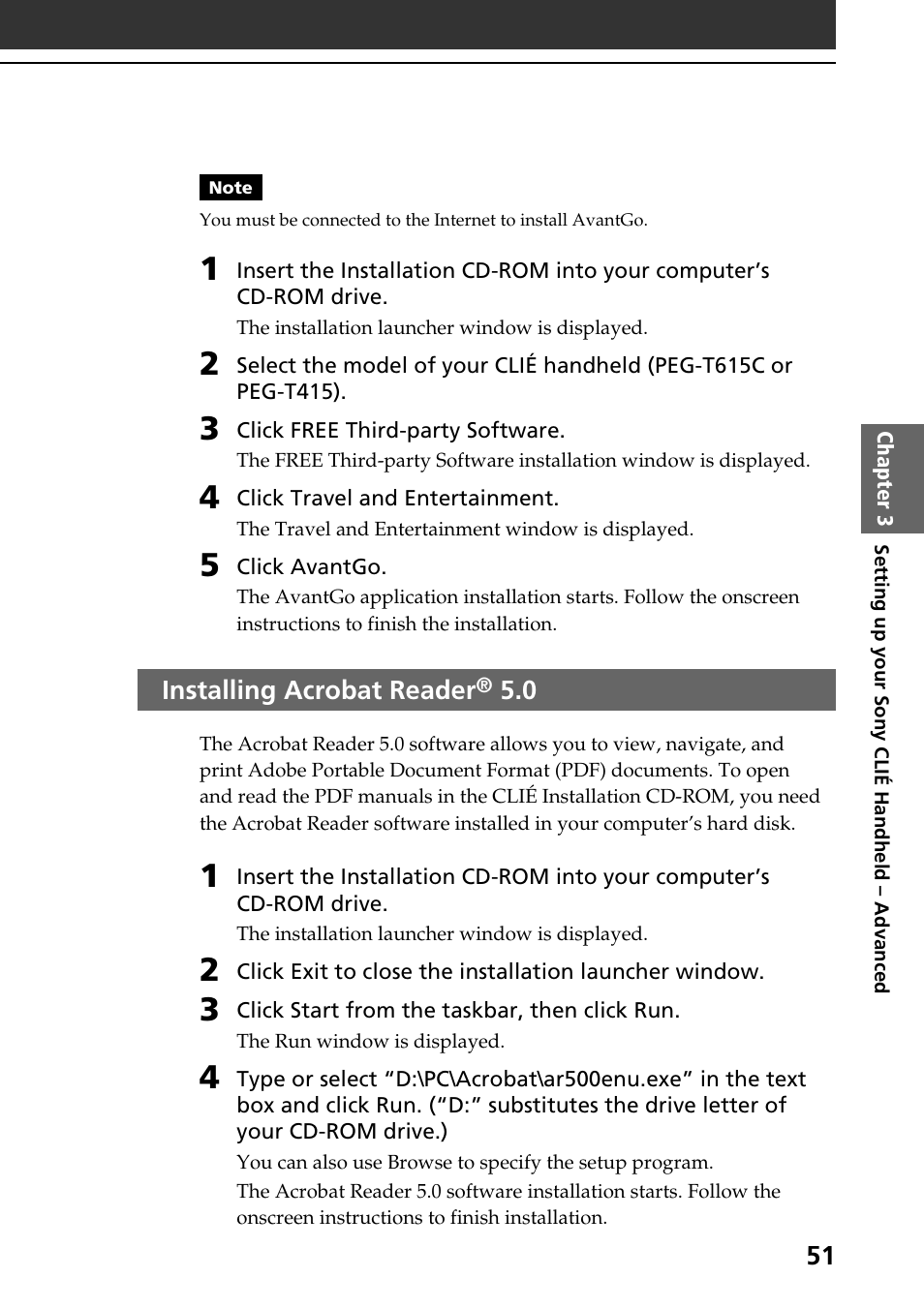 Installing acrobat reader® 5.0, Installing acrobat reader | Sony PEG-T415 User Manual | Page 51 / 64