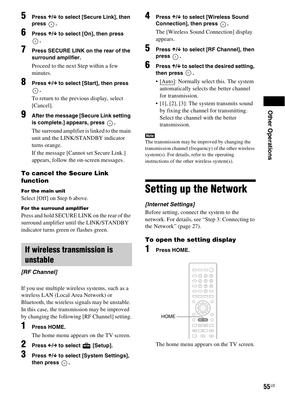 If wireless transmission is unstable, Setting up the network | Sony BDV-E780W User Manual | Page 55 / 84