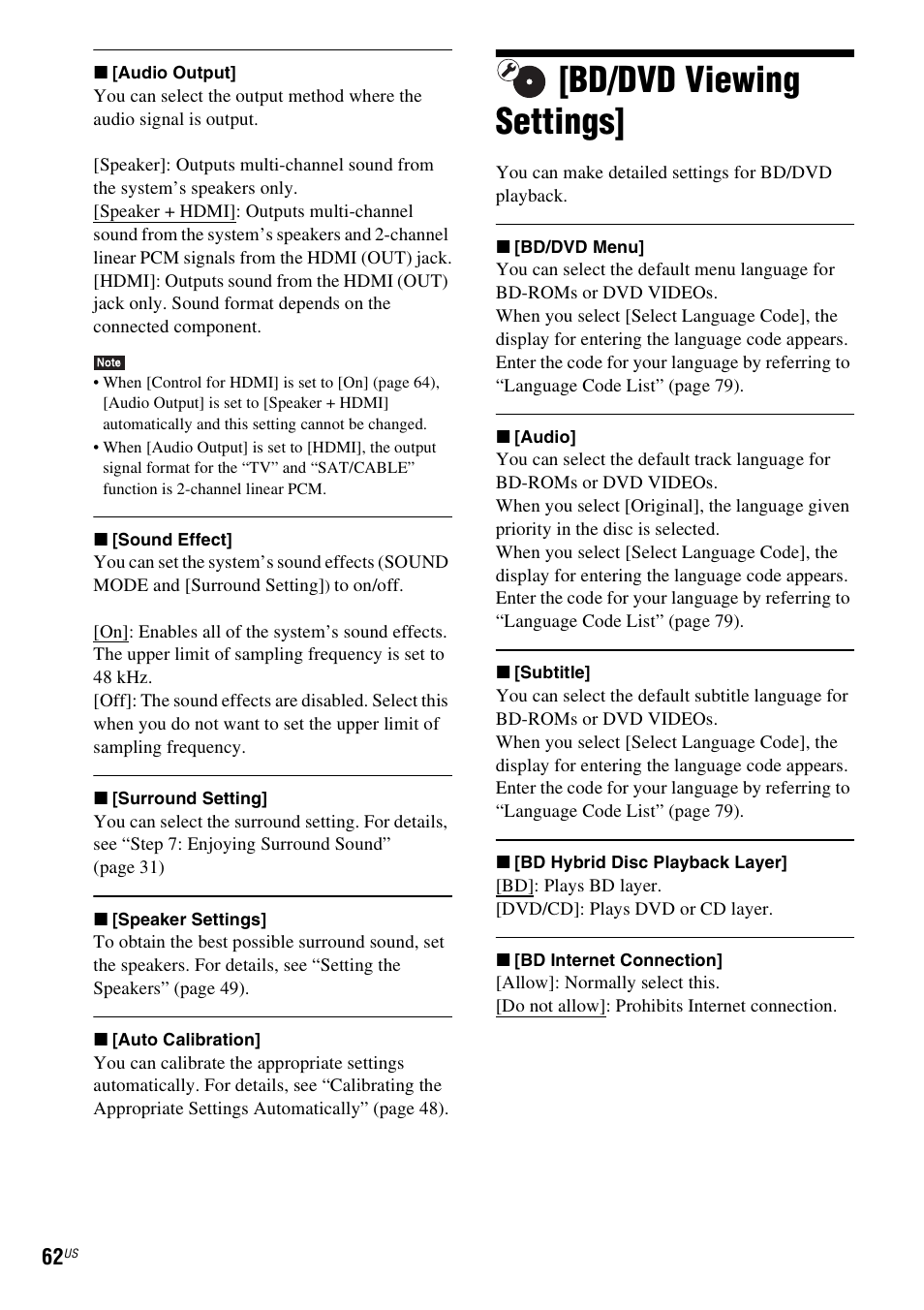 Bd/dvd viewing settings, E 62) | Sony BDV-E780W User Manual | Page 62 / 84