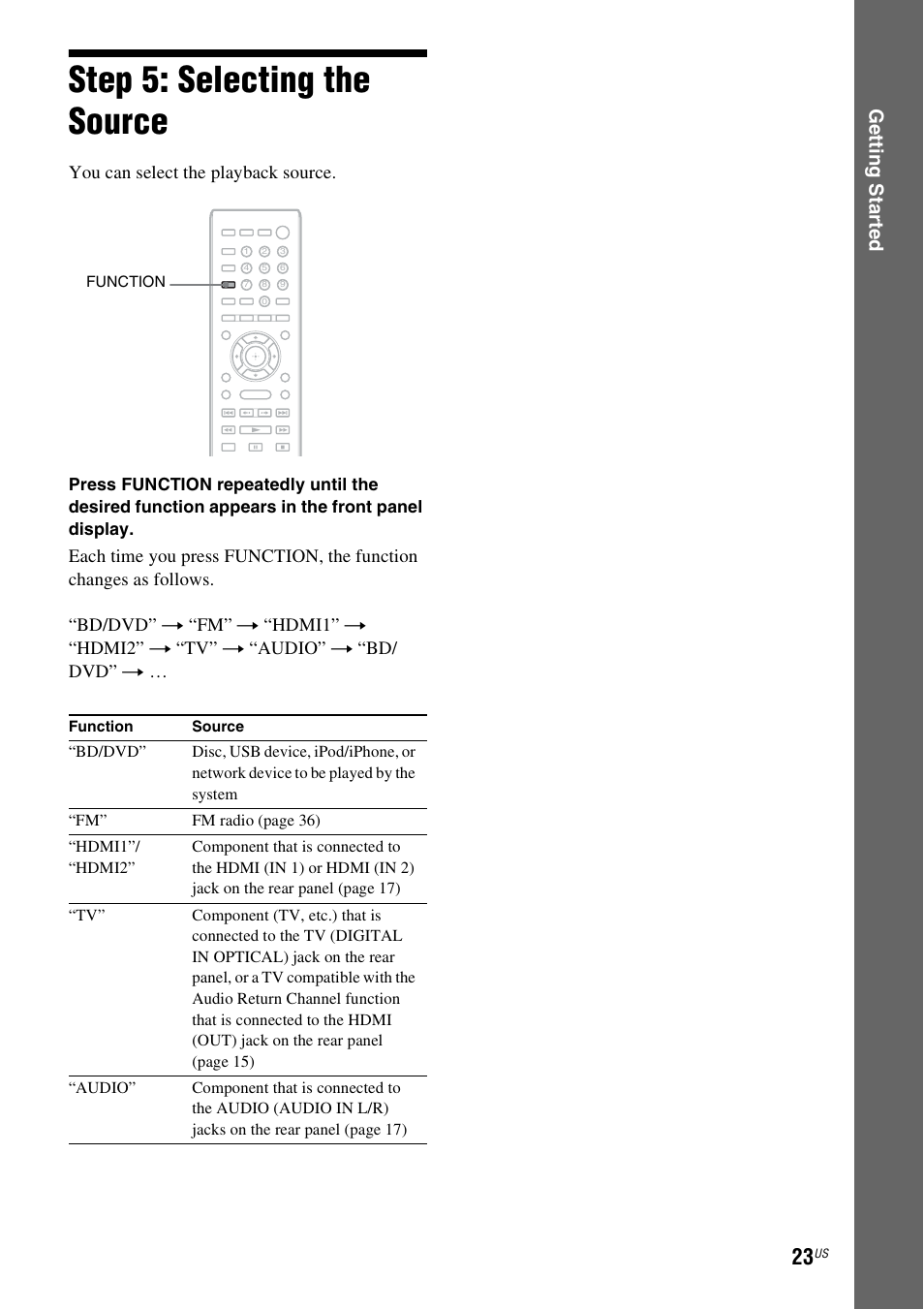 Step 5: selecting the source, Es 23, Ge tting star te d | You can select the playback source | Sony BDV-E280 User Manual | Page 23 / 68