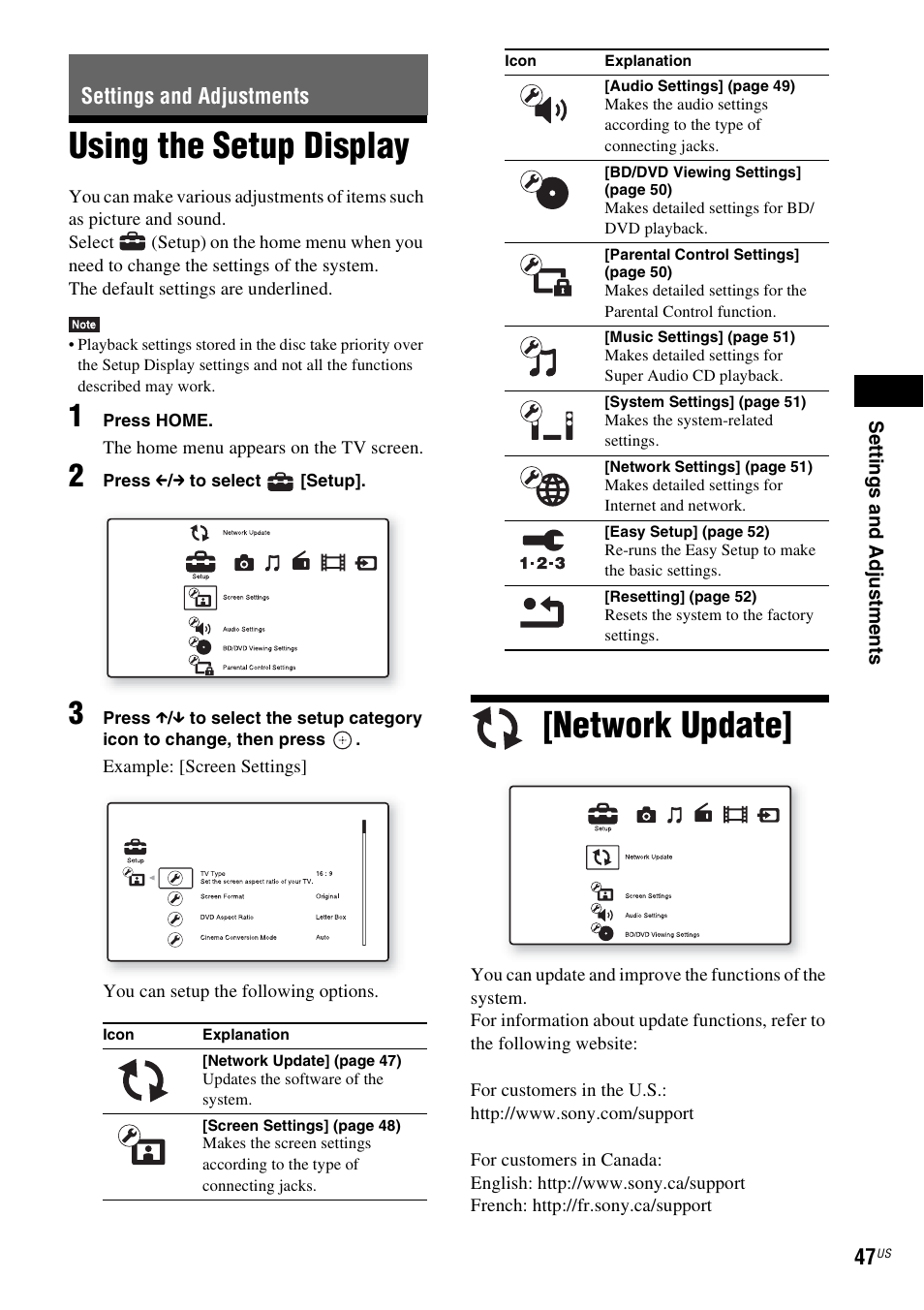 Settings and adjustments, Using the setup display, Network update | Using the setup display [network update | Sony BDV-E280 User Manual | Page 47 / 68