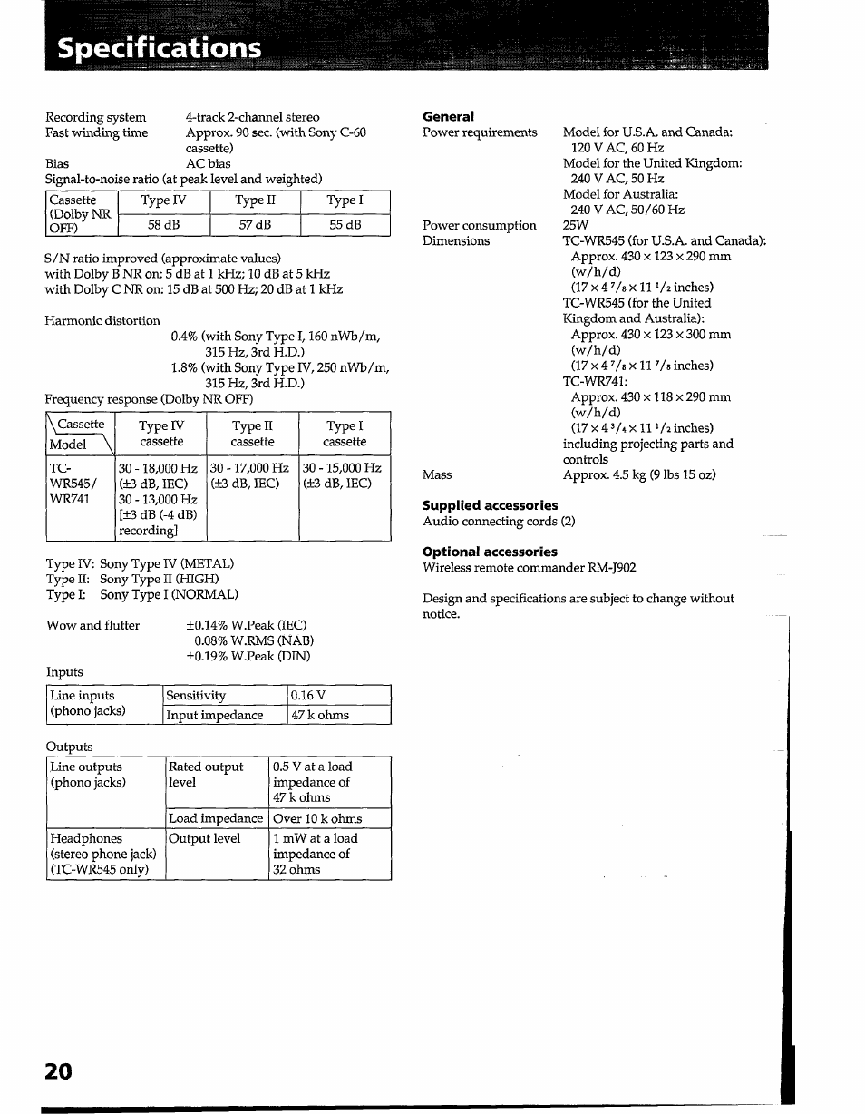 Specifications, General, Supplied accessories | Optional accessories | Sony TC-WR545 User Manual | Page 20 / 21