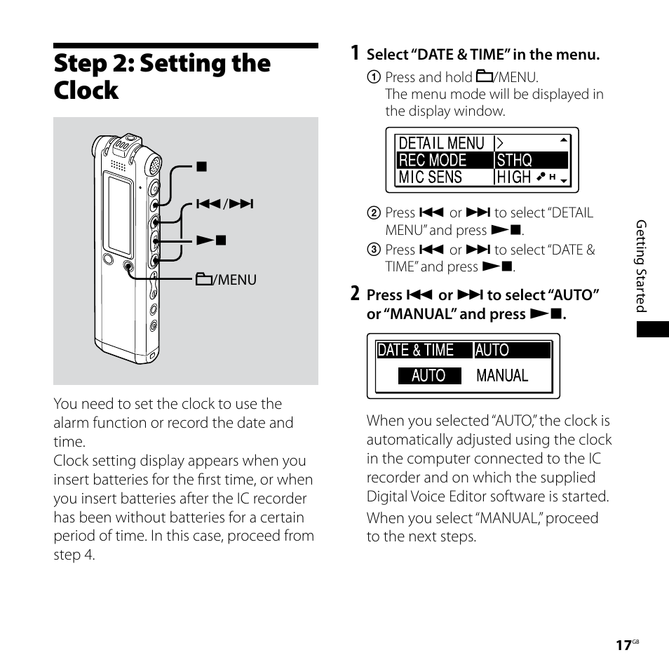 Step 2: setting the clock | Sony ICD-SX68 User Manual | Page 17 / 88