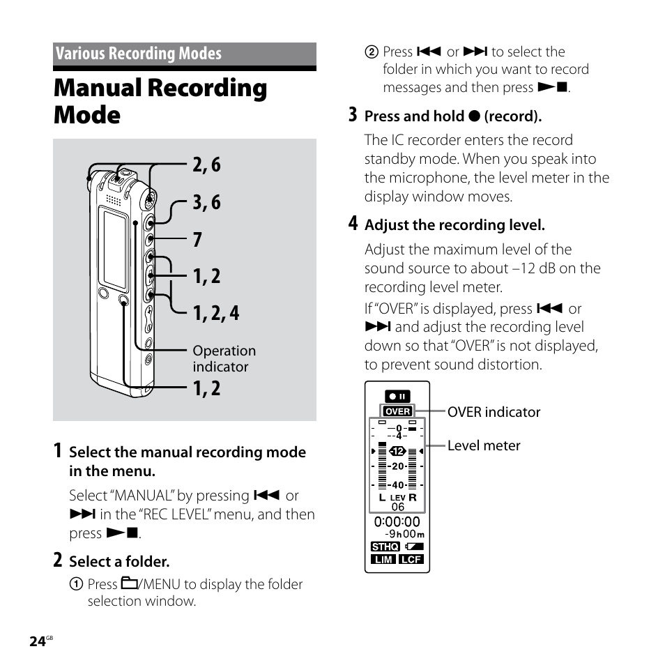 Various recording modes, Manual recording mode | Sony ICD-SX68 User Manual | Page 24 / 88