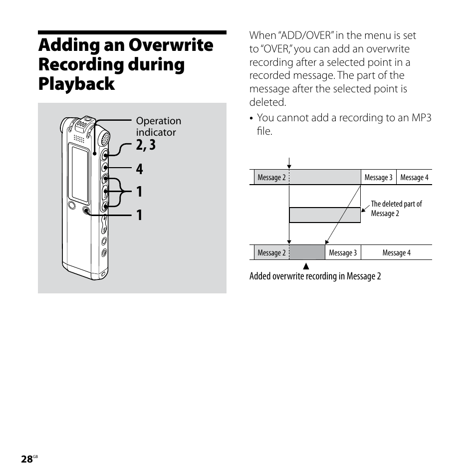 Adding an overwrite recording during playback, Adding an overwrite recording, During playback | Sony ICD-SX68 User Manual | Page 28 / 88