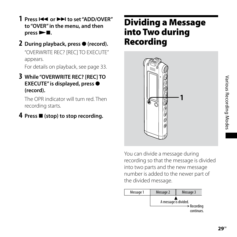 Dividing a message into two during recording, Dividing a message into two, During recording | Sony ICD-SX68 User Manual | Page 29 / 88