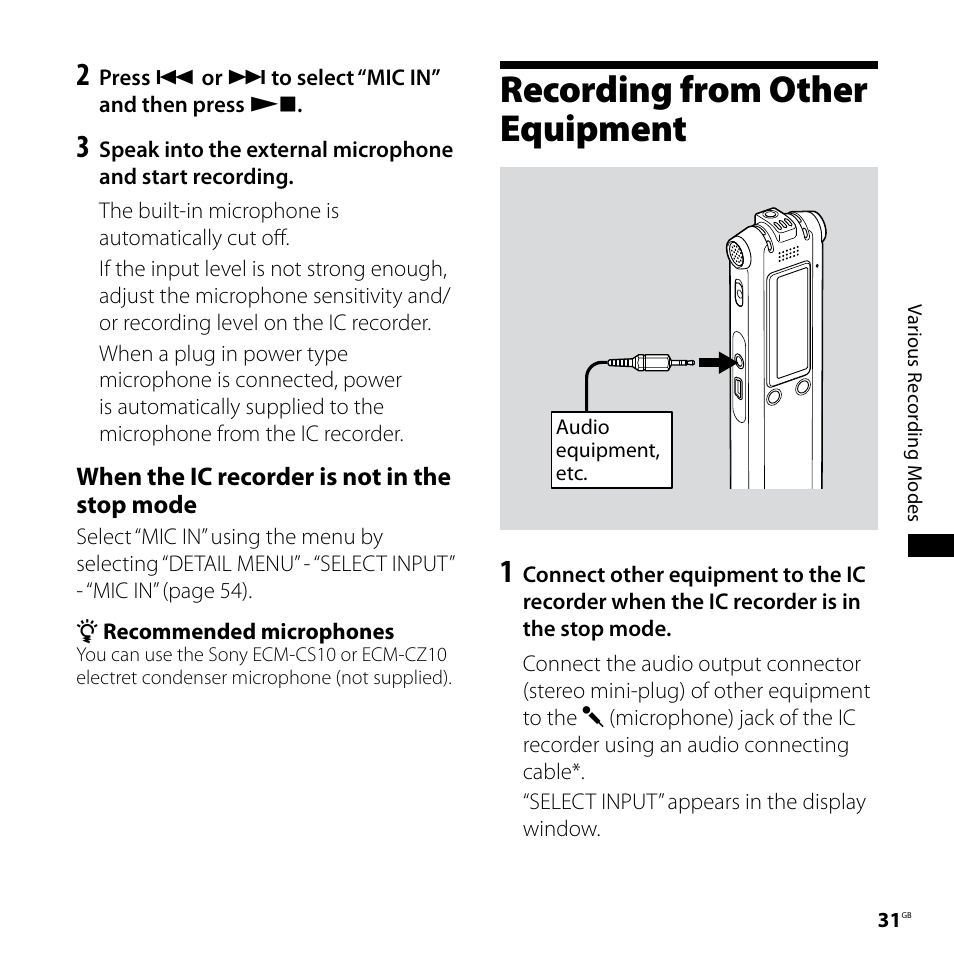 Recording from other equipment | Sony ICD-SX68 User Manual | Page 31 / 88