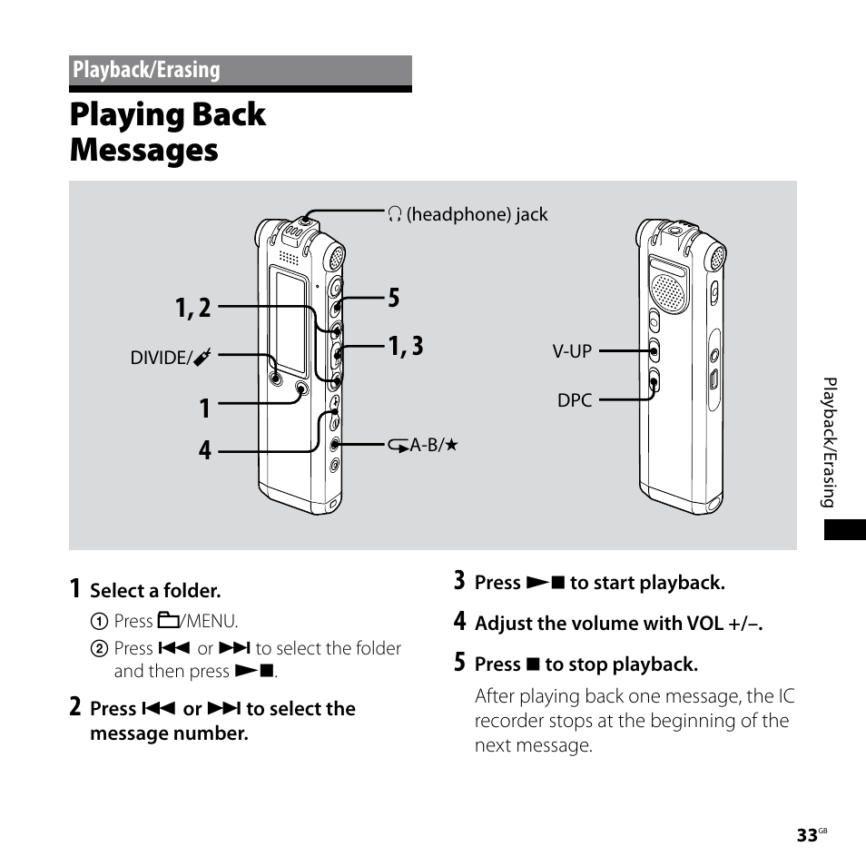 Playback/erasing, Playing back messages | Sony ICD-SX68 User Manual | Page 33 / 88