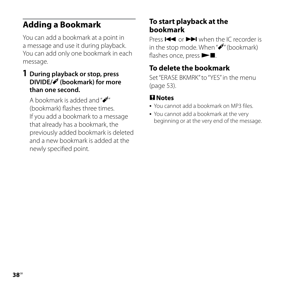 Adding a bookmark | Sony ICD-SX68 User Manual | Page 38 / 88