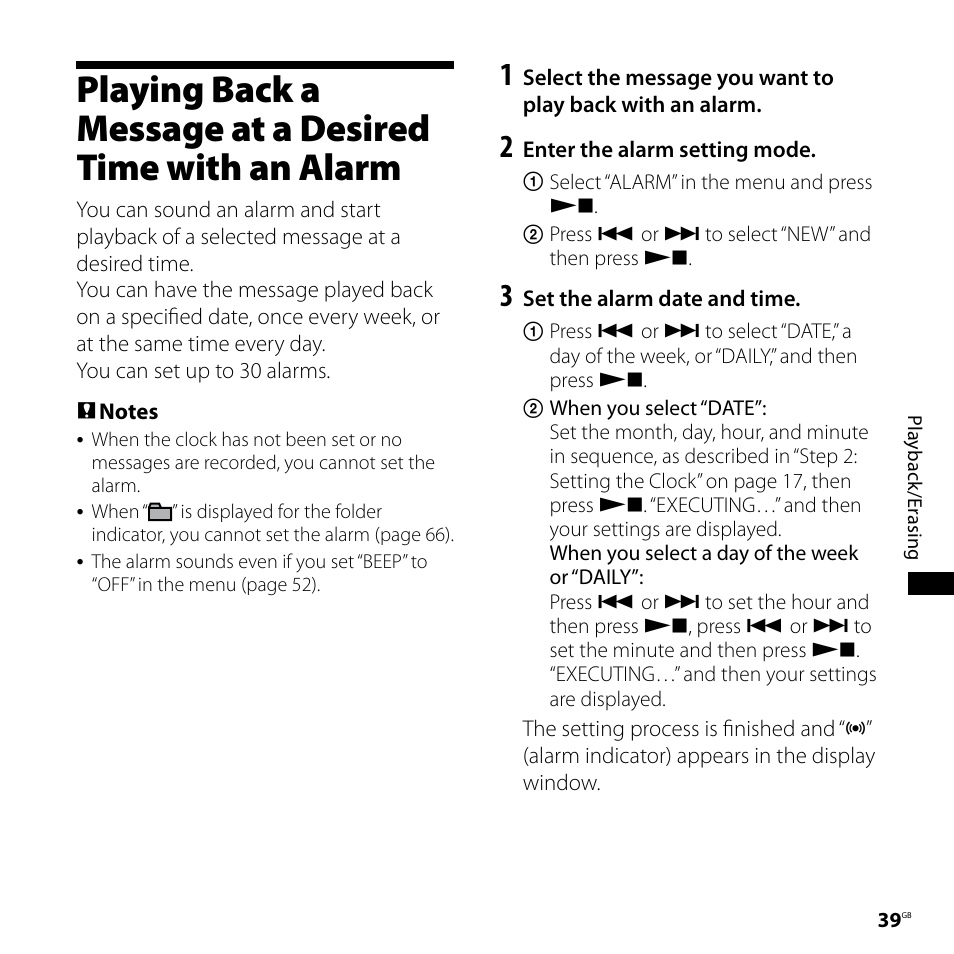 Playing back a message at a, Desired time with an alarm | Sony ICD-SX68 User Manual | Page 39 / 88