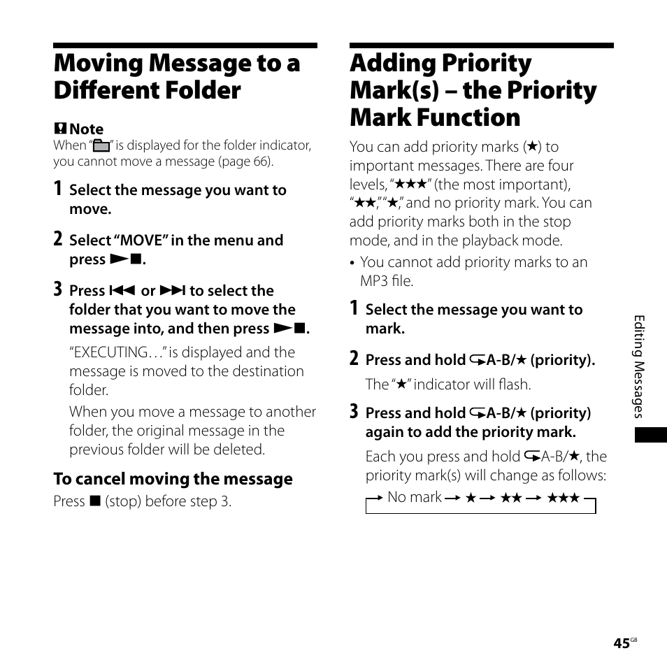 Moving message to a different folder, Moving message to a, Different folder adding priority mark(s) | The priority mark function | Sony ICD-SX68 User Manual | Page 45 / 88