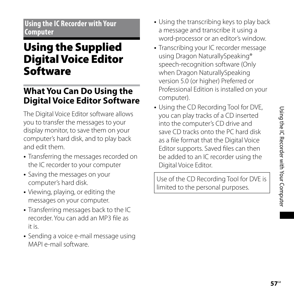 Using the ic recorder with your computer, Using the supplied digital voice editor software, Using the ic recorder with | Your computer, Using the supplied digital voice, Editor software, What you can do using the, Digital voice editor software | Sony ICD-SX68 User Manual | Page 57 / 88