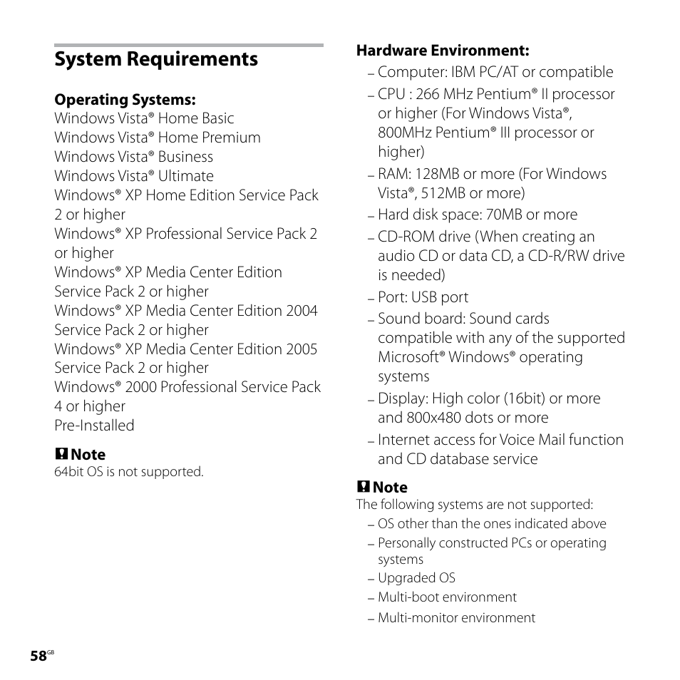 System requirements | Sony ICD-SX68 User Manual | Page 58 / 88