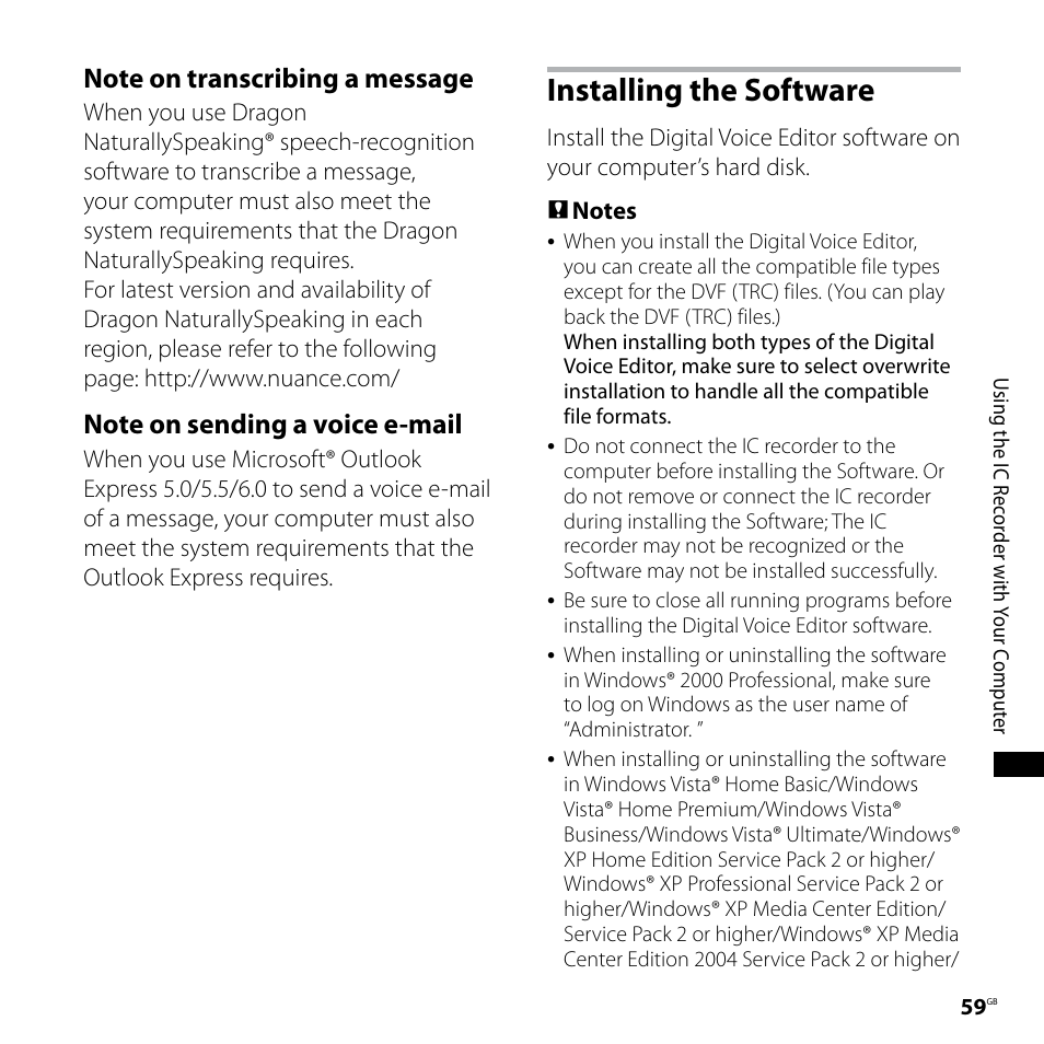Installing the software | Sony ICD-SX68 User Manual | Page 59 / 88