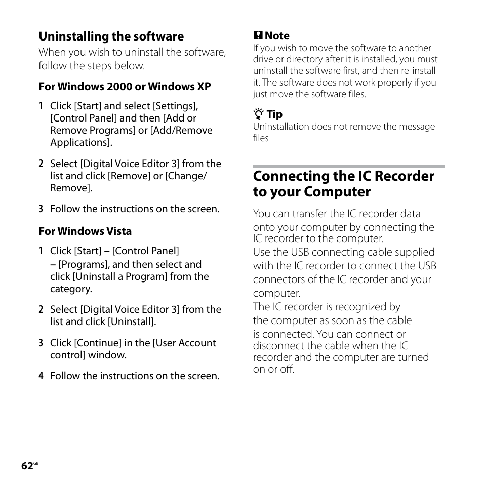 Connecting the ic recorder to your computer, Connecting the ic recorder, To your computer | Uninstalling the software | Sony ICD-SX68 User Manual | Page 62 / 88