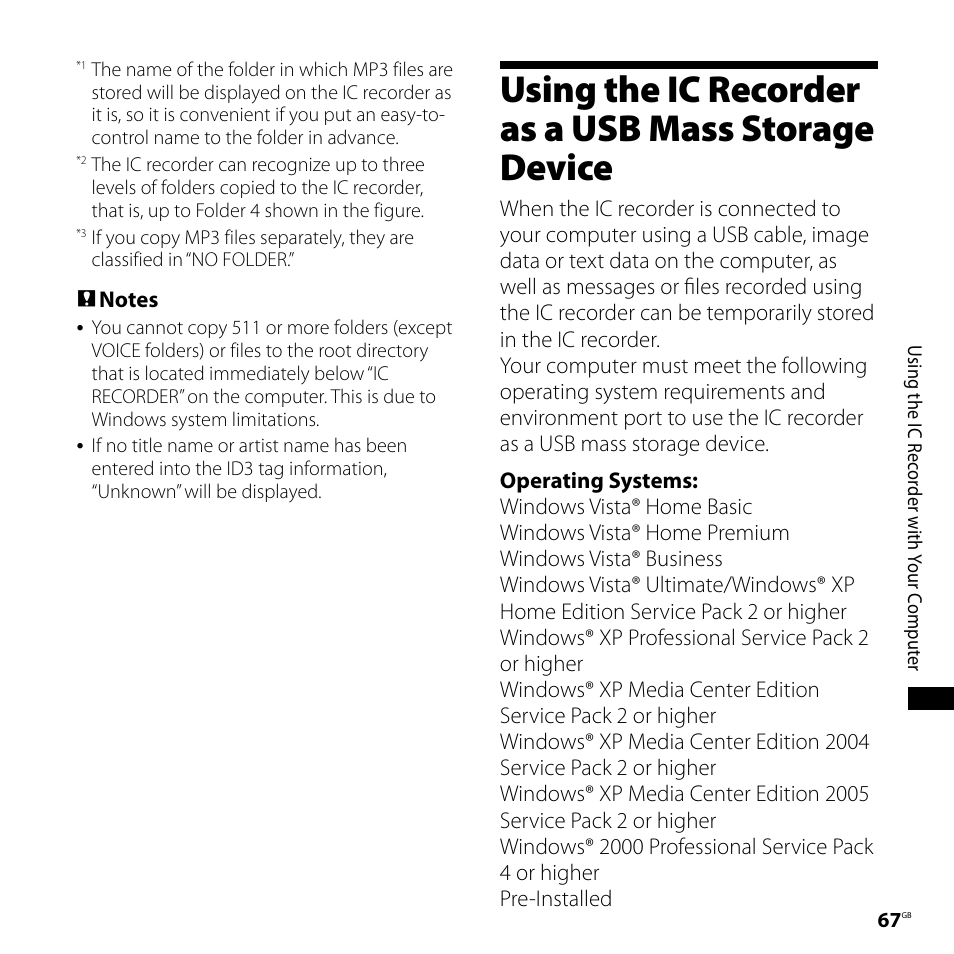 Using the ic recorder as a usb mass storage device, Using the ic recorder as a, Usb mass storage device | Sony ICD-SX68 User Manual | Page 67 / 88