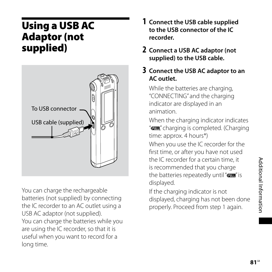 Using a usb ac adaptor (not supplied), Using a usb ac adaptor, Not supplied) | Sony ICD-SX68 User Manual | Page 81 / 88