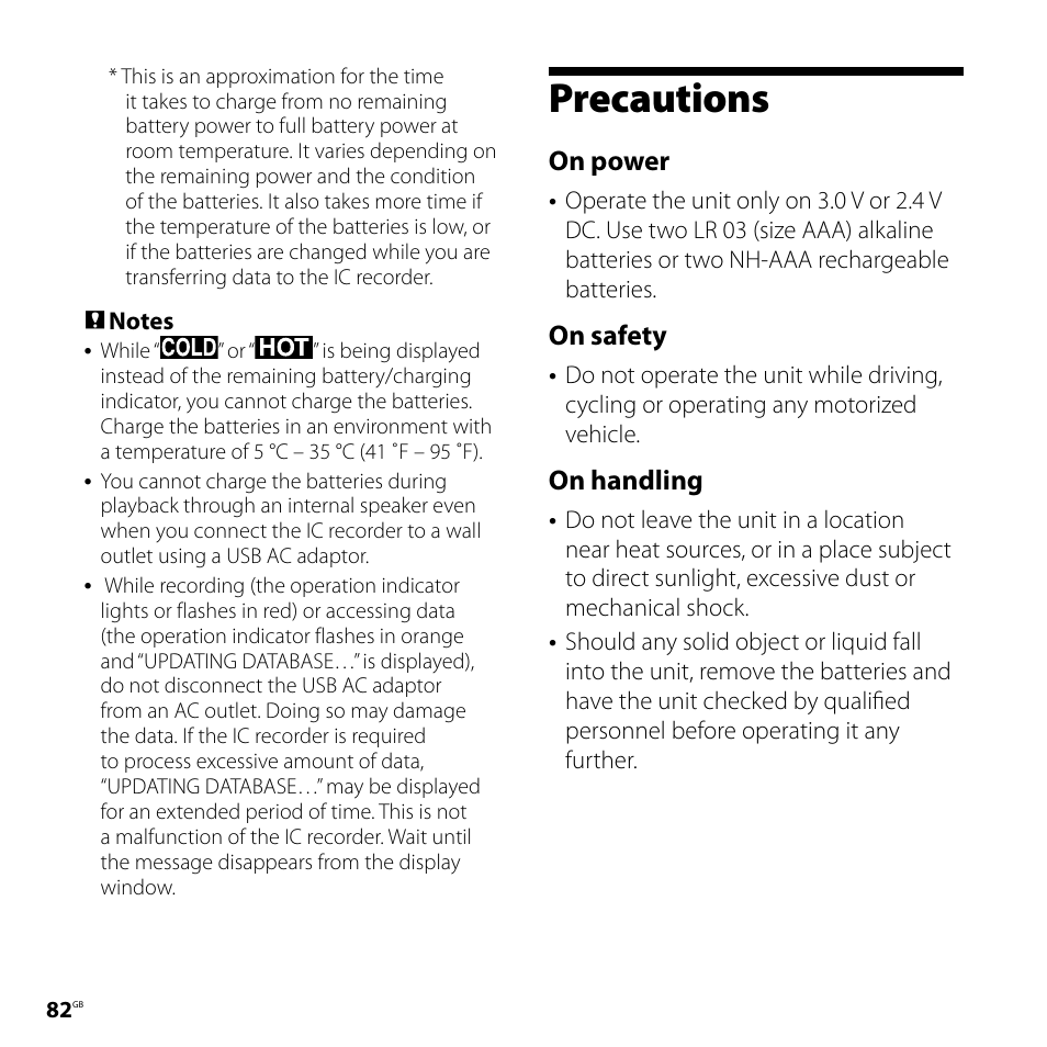 Precautions, On power, On safety | On handling | Sony ICD-SX68 User Manual | Page 82 / 88