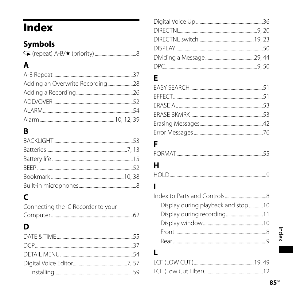 Index | Sony ICD-SX68 User Manual | Page 85 / 88