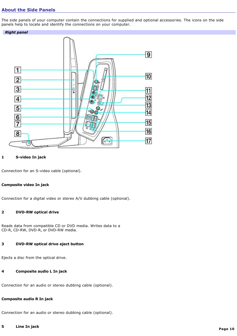 About the side panels | Sony PCV-W600G User Manual | Page 10 / 138