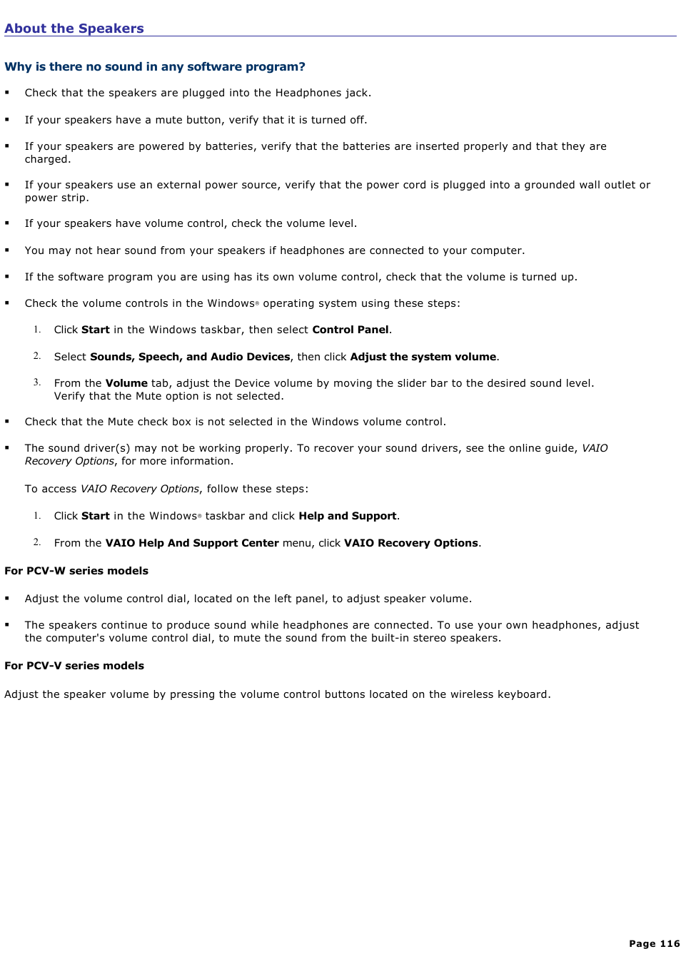 Why is there no sound in any software program | Sony PCV-W600G User Manual | Page 116 / 138