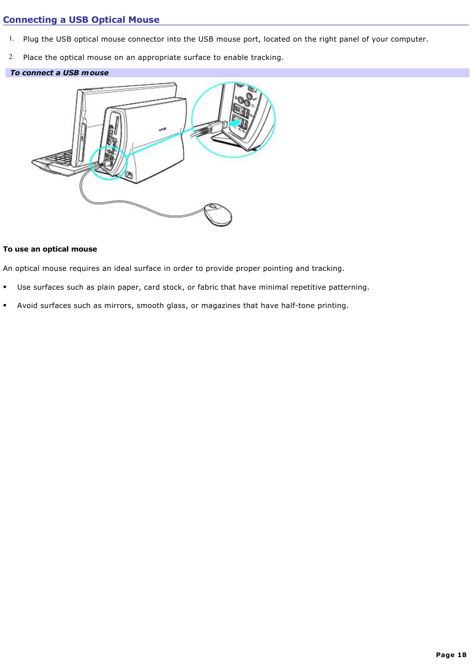 Connecting a usb optical mouse | Sony PCV-W600G User Manual | Page 18 / 138