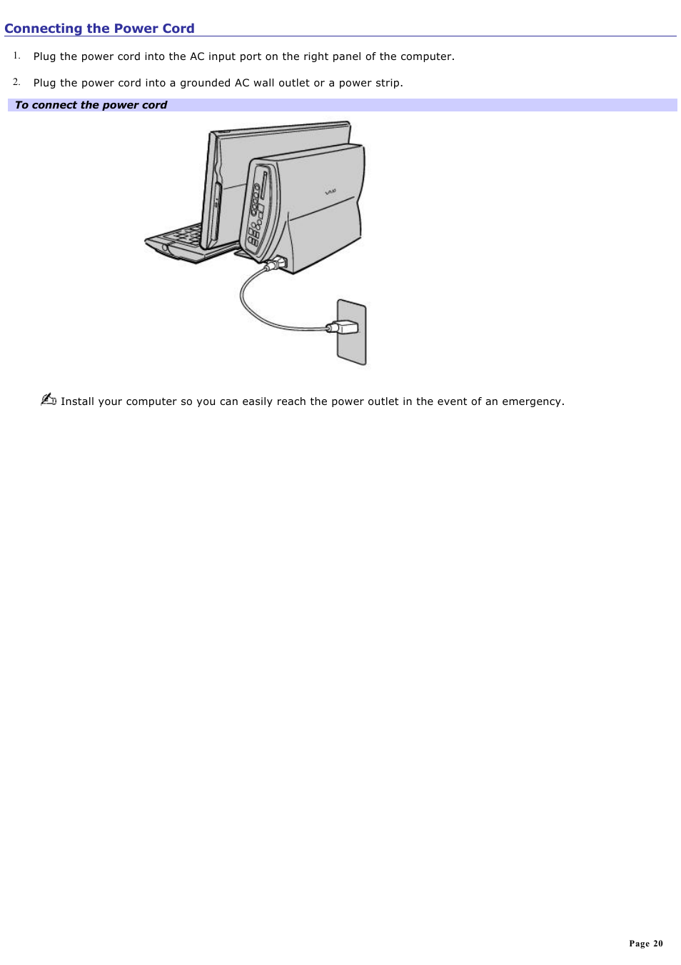 Connecting the power cord | Sony PCV-W600G User Manual | Page 20 / 138