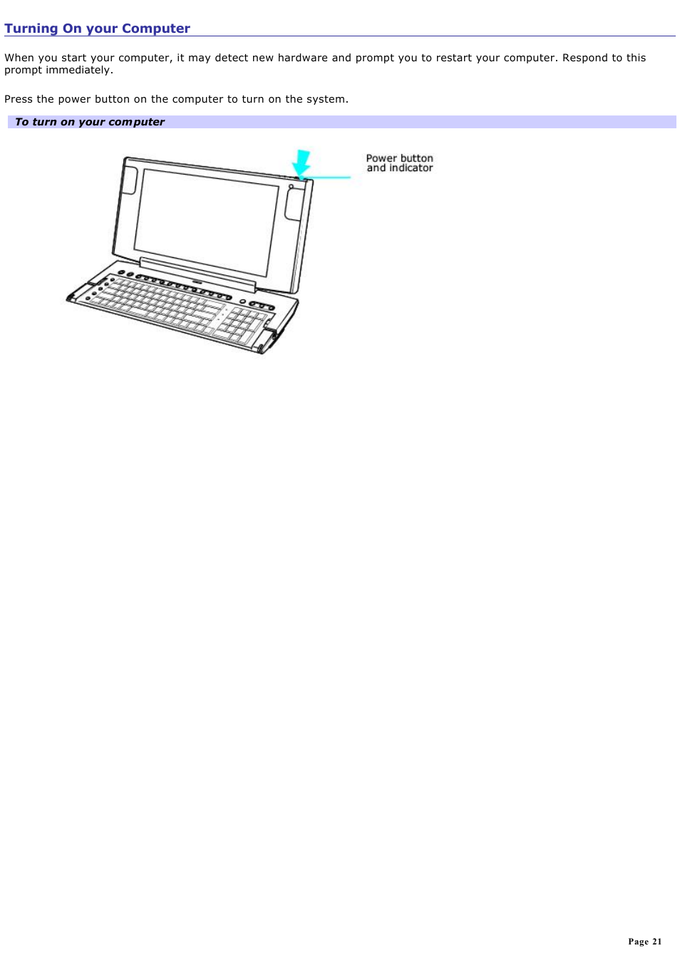 Turning on your computer | Sony PCV-W600G User Manual | Page 21 / 138