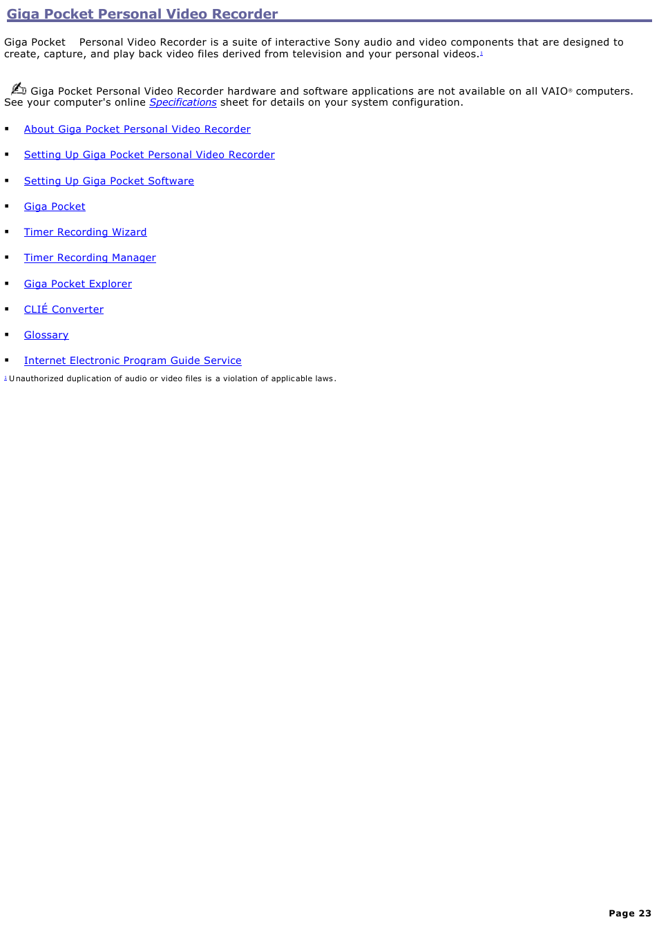 Giga pocket personal video recorder | Sony PCV-W600G User Manual | Page 23 / 138