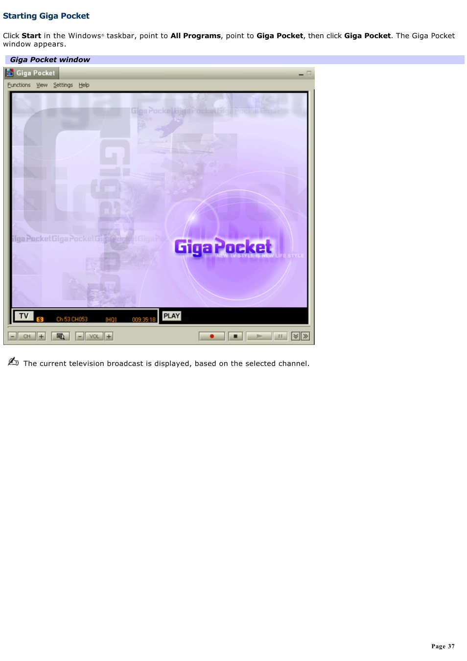 Starting giga pocket | Sony PCV-W600G User Manual | Page 37 / 138
