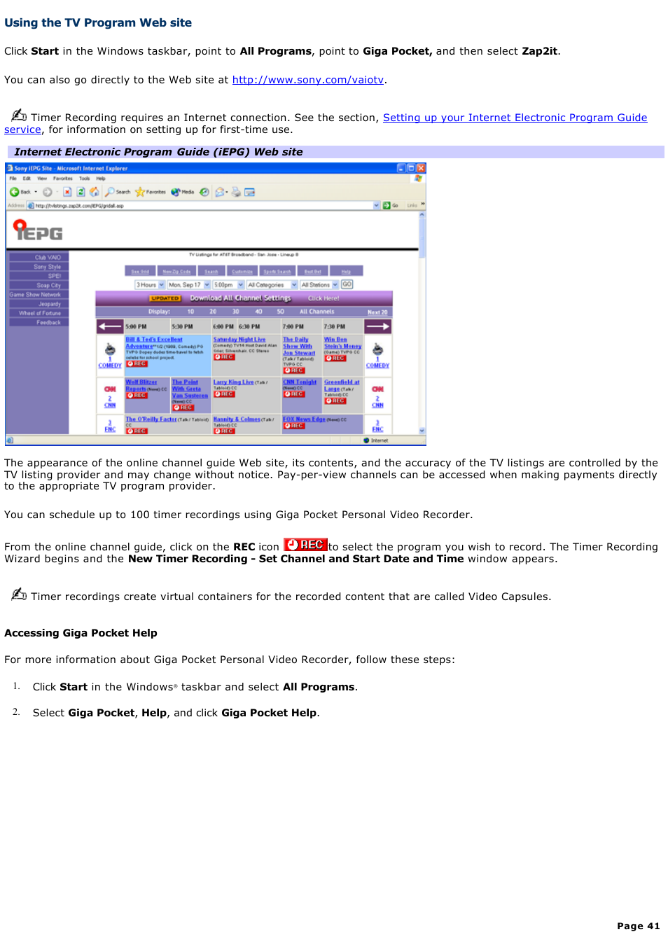 Using the tv program web site | Sony PCV-W600G User Manual | Page 41 / 138